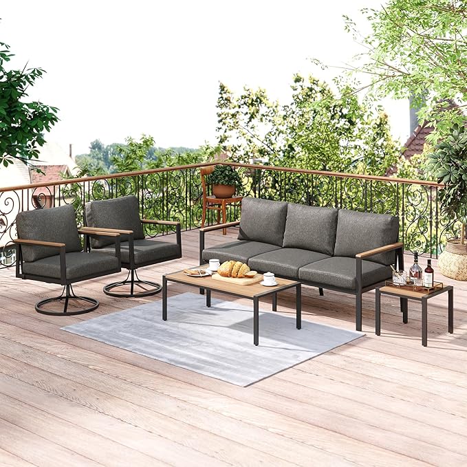 Patio Conversation Set, 5 Pcs Outdoor Furniture with 3-Seater Sofa, 2 Single Rotate 360° Chairs, Coffee Table and End Table, 5 Seats Couch with Washable Thick Cushions for Backyard Porch Balcony