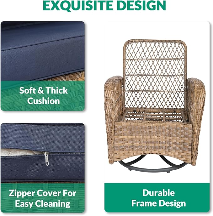 VIVIJASON 3-Piece Outdoor Conversation Bistro Set, Patio Swivel Glider Rocking Chairs Rattan Furniture Sets w/ 2 Rattan Chairs, Cushions, Glass Top Side Table for Porch Backyard, Navy Blue