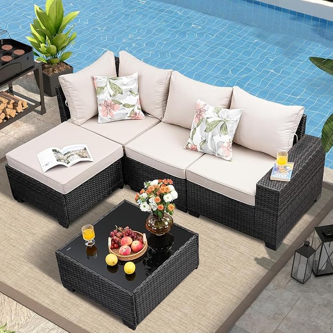 Beige Rattan Patio Sofas All Wicker Conversation Sets 5 Pieces Outdoor Patio Furniture Set with Tea Table for Garden Backyard Poolside Party