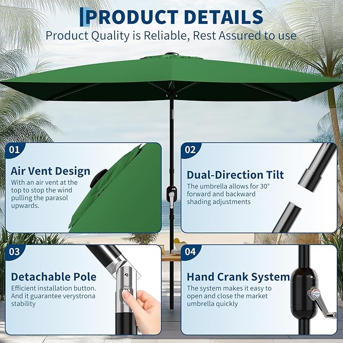 Garvee 10' x 6.5' Rectangular Patio Umbrella, Outdoor Table Umbrella with Crank and Push Button Tilt, Market Umbrella Sun Umbrella with 6 Sturdy Ribs Tilt for Garden, Deck, Lawn, Pool -Dark Green