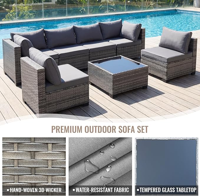 7 Pieces Outdoor Wicker Rattan Patio Furniture Sectional Set, Patio Conversation Set with Cushions & Coffee Table, All Weather PE Rattan Patio Sofa with Tea Table for Backyard Porch Garden (Grey)