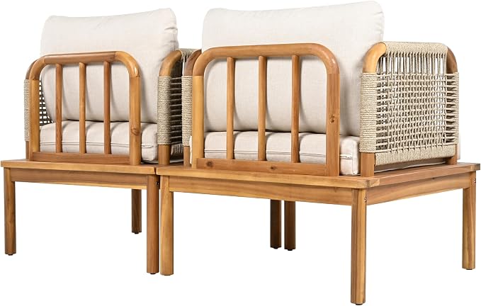JIVOIT Outdoor Armchair Set of 2, Acacia Wood and Rope Club Chair with Cushions, Mid Century Design Comfortable Single Armchair for Backyard Porch Garden Balcony