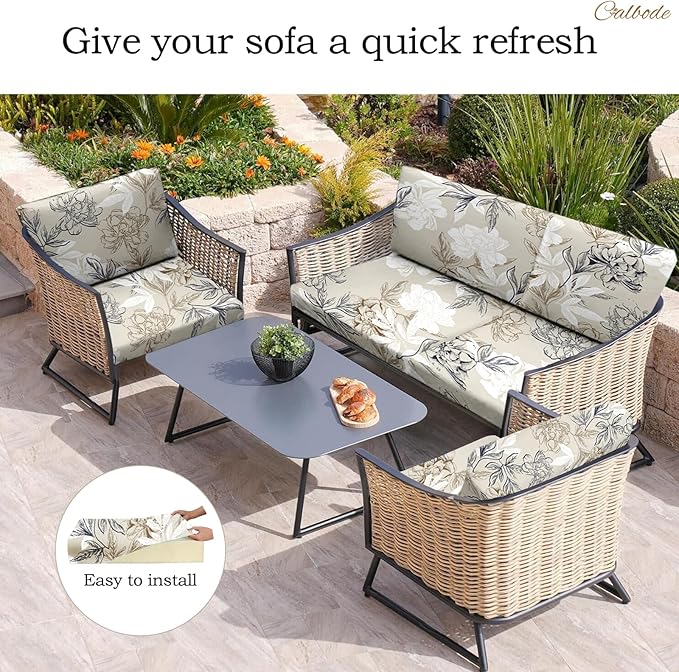 CALBODE 8Pcs Outdoor Stretch Cushion Covers,Waterproof Outdoor Chair Floral Cushion Covers for Patio Furniture, Washable Beige Couch Covers Replacement for Patio Furniture