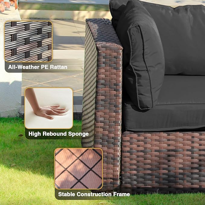 Patio Furniture Set 7 Pieces with 44" Fire Pit Table, Rattan Outdoor Sectional Conversation Sets, All Weather Outdoor Furniture Set with Cushions for Garden Lawn Balcony Porch Deck Black