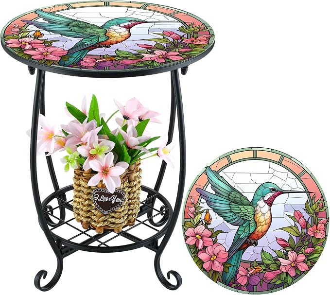 Cinnvoice Outdoor Side Table Round Small Mosaic Patio Accent Indoor End Plant Coffee Tea Table for Yard Patio Porch Garden Living Room, Bedroom(Hummingbird Style,14 Inch)
