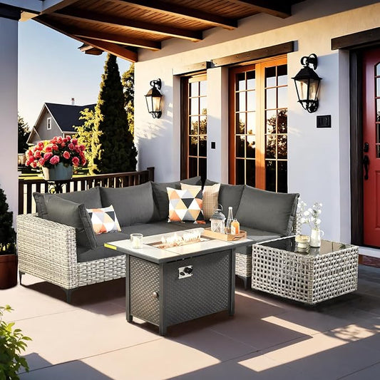 Outdoor Sectional Patio Furniture Set with Fire Pit Table and Glowing Table,6 Pieces Wicker Conversation Sets L Shaped Couch Out Door Sofa Set Outside Furniture for Garden Deck Yard,Black
