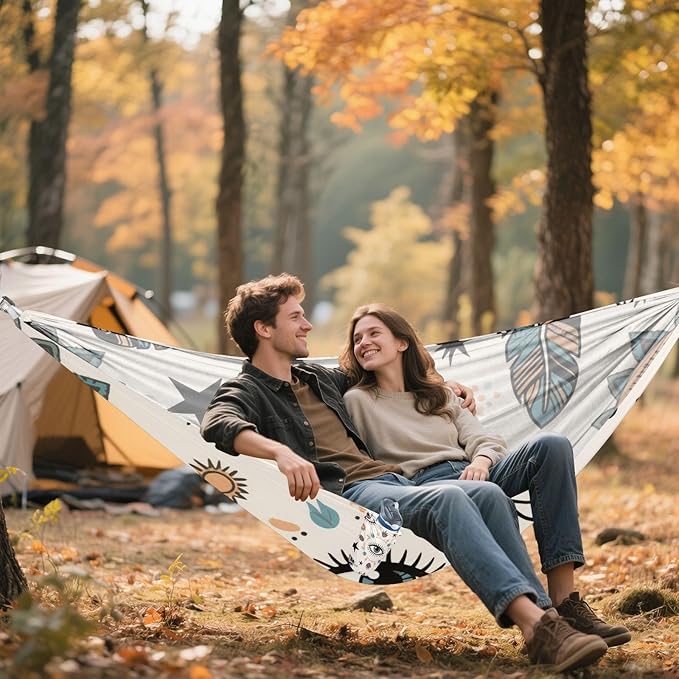 Bohemian Feather Eyes Star Beige 330lb Capacity Outdoor Hammock with Hanging Rope Rope Hammock for Patio Backyard Lounge Base hamacas para adultos con soporte