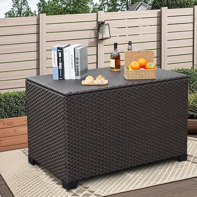Rattan Star 140 Gallon Patio Storage Bin Wicker Outdoor Storage Box Waterproof Lining Bag Large Deck Box and Cushion Storage Bin Outdoor, Brown Wicker