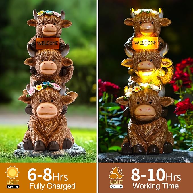 twinbling Garden Highland Cow Statue Solar Outdoor Decor | Flower Decoration Funny Triple Highland Cow Decor Birthday Gifts for Women Mom Figurine for Yard Garden Patio Lawn Ornaments