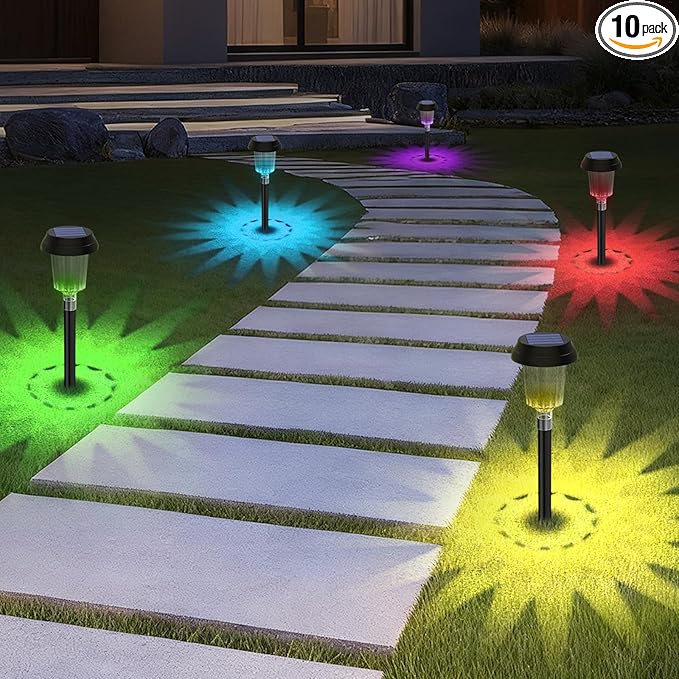TECKNET Solar Pathway Lights, Color Changing Solar Lights with Warm White & RGB Colored for Valentine's Day, Colored Pathway Light Outdoor Waterproof (IP68) for Yard, Auto On/Off (10 Pack)