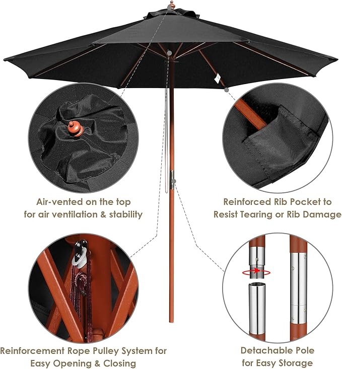 Yescom 9ft Coastal Solid Wood Umbrella Pulley Lift Commercial Base with Wheel Included for Seaside Restaurant Terrace Poolside Beach Club