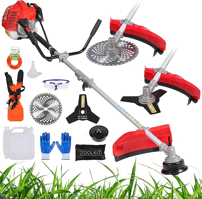 3-in-1 52cc 2-Cycle Weed Wacker Gas Powered, 18" Cutting Path Gas String Trimmer/Edger, 10" 3T/40T Gas Brush Cutter with Shoulder Strap, Powerful Weed Eater Grass Trimmer for Lawn Care