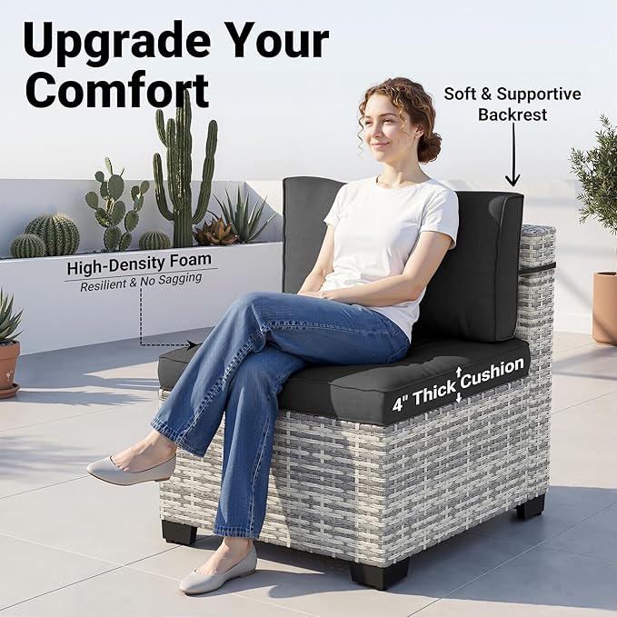 14-Piece Patio Furniture Set, Outdoor Sectional with Thick Cushions, Modular Patio Sofa, Dual-Strand Wicker Rattan, Rust-Resistant Frame, Backyard Furniture for Garden, Deck, Black