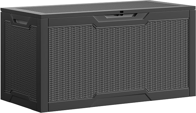 DWVO 100 Gallon Outdoor Storage Box, Large Deck Box Lockable Waterproof and UV Resistant Resin for Gardening Tools, Pool Supplies, Patio Cushions (Black)
