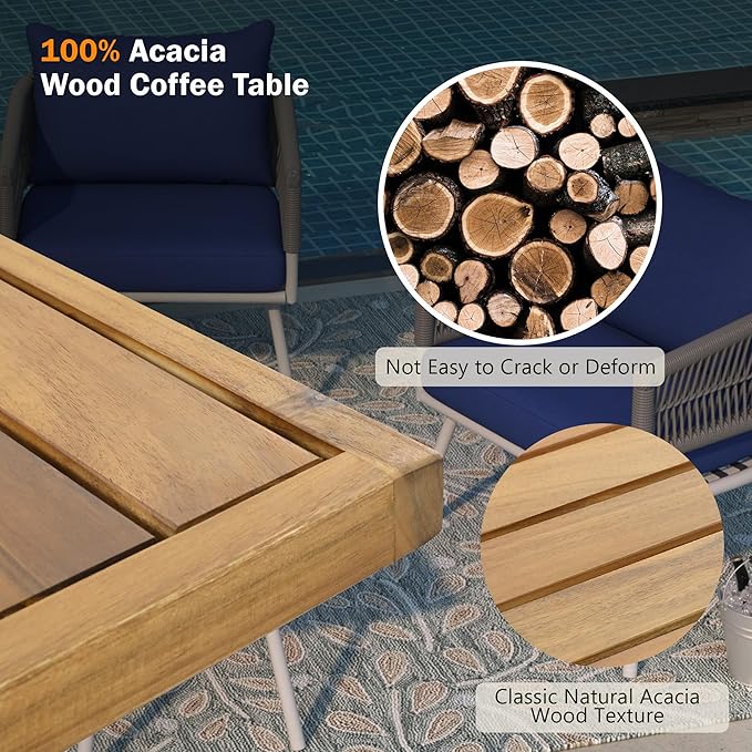 GOWE 4-Piece Boho Rope Patio Furniture Set, Outdoor Furniture with Acacia Wood Table, Patio Conversation Set with Deep Seating & Thick Cushion for Backyard Porch Balcony, Navy Blue