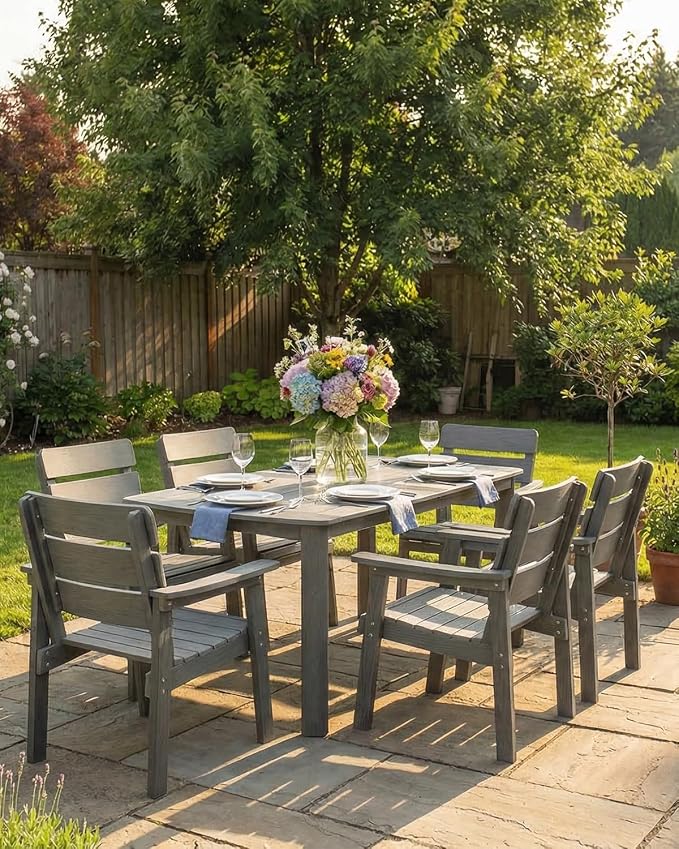 7-Piece Outdoor Dining Set, All-Weather HIPS Patio Table & Chairs for 6, Outdoor Furniture with Umbrella Hole, Ideal for Garden, Poolside, Backyard, Deck, Dark Gray