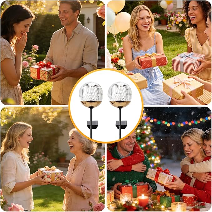 Solar Globe Stake Lights - Outdoor Acrylic Ball Garden Lights with 20 LED, IP44 Waterproof, Auto On/Off, Metal Stake with h-Shaped Ground Spike for Yard, Pathway, Patio Decor (Black stake , 2 pack)