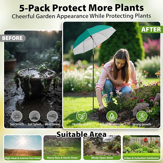 Plant Umbrellas, 5Pack 360°Adjustable Garden Umbrella for Outdoor Plants,24” Large Sun Shade for Garden Beds Potted Plants, 47.8" High Plant Shade Cover Umbrellas for Sun-Sensitive Plants