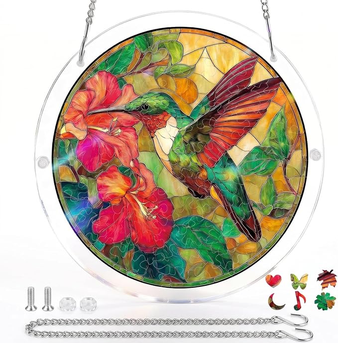 Acrylic Puzzle Suncatcher, Stained Glass Suncatcher Window Hanging, DIY Sun Catcher Kits for Adults, Home Decor Gift for Women, Friends 7.4in (Hummingbird)