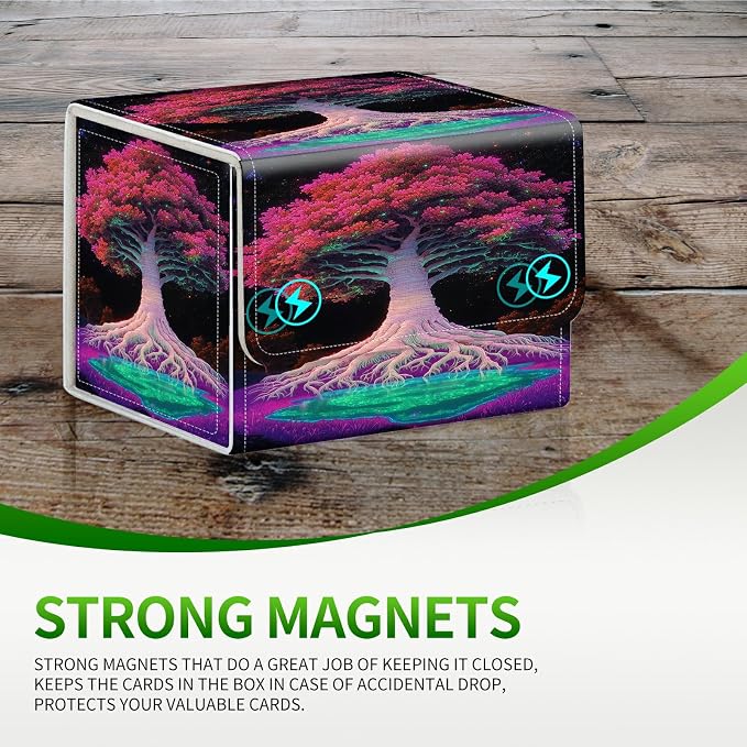 Card Deck Box for MTG, Cards Storage Box Fits 120+ Sleeved, Leather Small Size Strong Magnetic Closing Card Case for Board Games Magic TCG CCG Baseball Collection, Pink Trees
