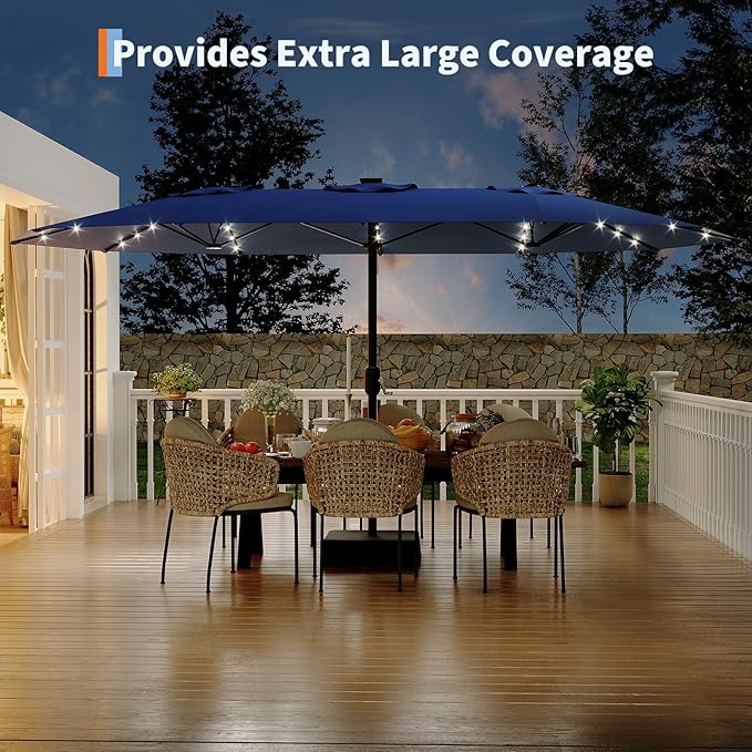 15FT Extra Large Double-Sided Patio Umbrella with Solar LED Lights – Heavy-Duty Rectangular Outdoor Market Umbrella, Fade-Resistant UV Canopy, Included Base for Backyard, Pool, Deck, Garden – Beige/Mist Blue