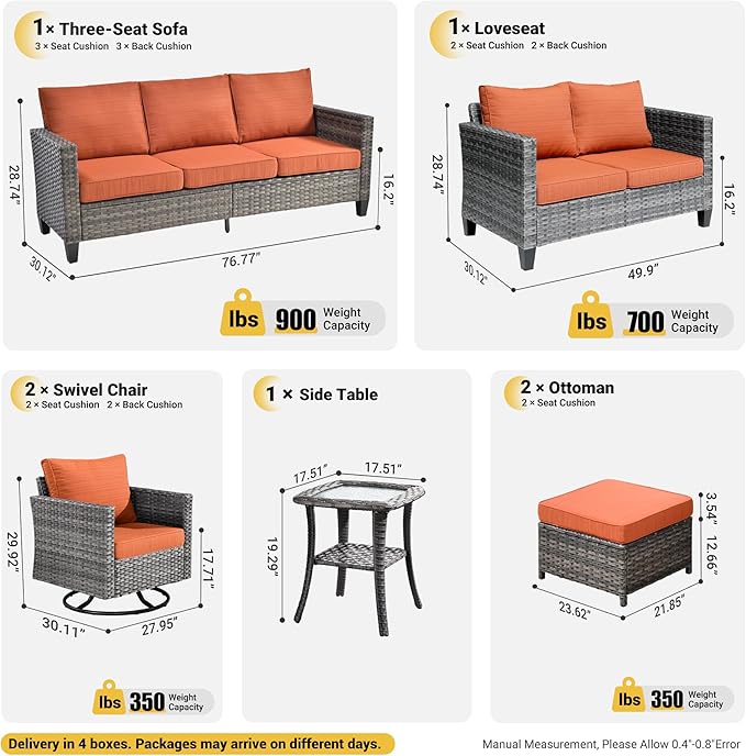 ovios 7 Pieces Patio Furniture Set, Outdoor Wicker Sofa Couch with Swivel Chairs, Rocking Glider Rocker with Comfy Cushions All Weather Rattan Conversation Set, Orange Red