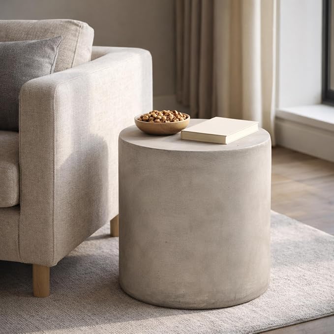 Outdoor Side Table Faux Marble End Table Faux Stone Travertine Small Coffee Table for Indoor Outdoor, Garden Stool Plant Stand for Porch, Backyard Patio 15.75"*16" Cylindrical Grey