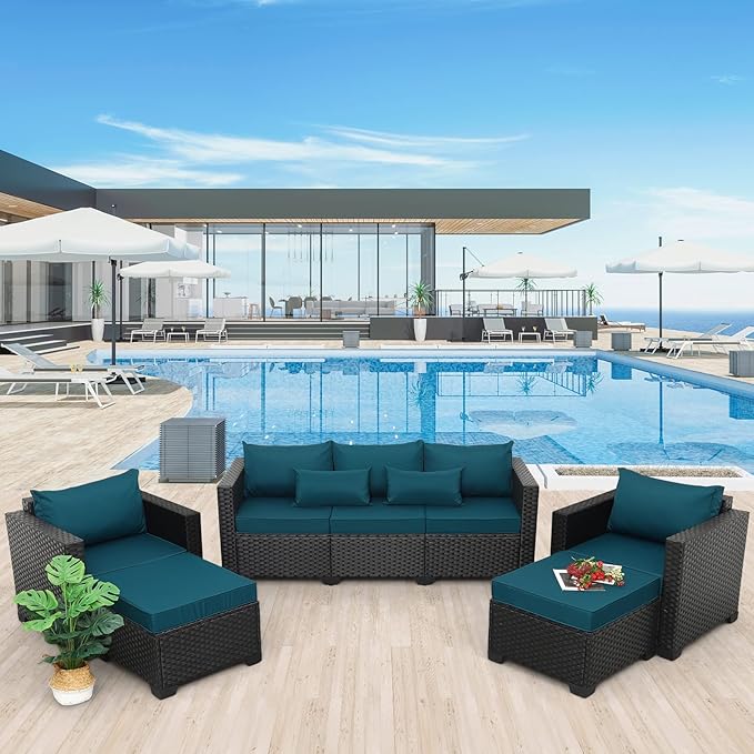 Rattaner Patio Furniture Set 5-Piece Outdoor Furniture Sets Wicker Patio Couch Chairs and Ottomans with Anti-slip Cushions and Waterproof Covers, Peacock Blue