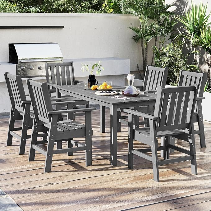 Tangkula HDPE Outdoor Dining Table for 6 Person, 67” Patio Table with Wood-Like Tabletop and Umbrella Hole, Weather-Resistant Rectangle Table for Garden, Backyard and Poolside (Gray, 1 Table)