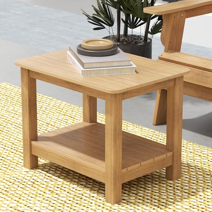 WestinTrends Tuscany Outdoor Side Table, All Weather HIPS 2 Tier Adirondack Small Patio Table with Storage, Teak