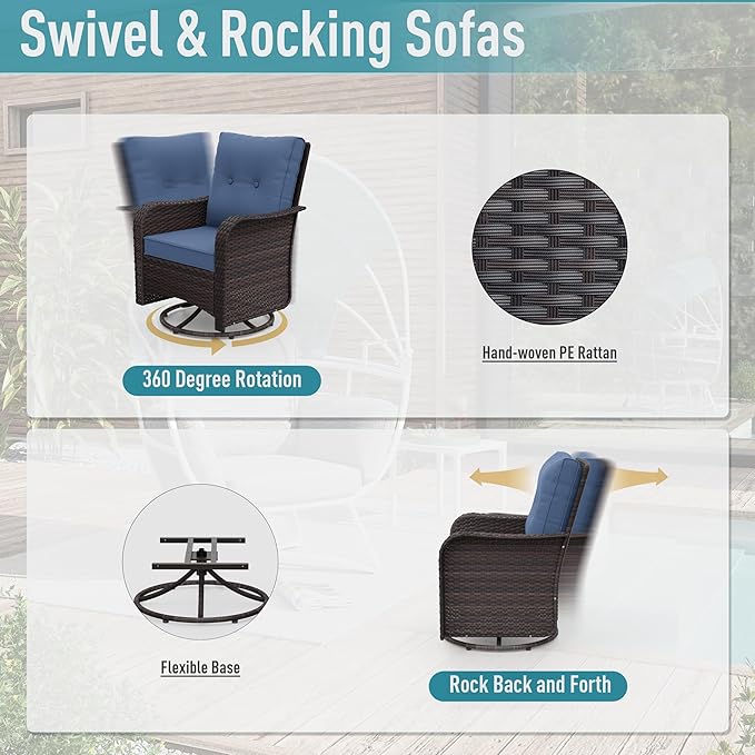 ALAULM 12 Pieces Patio Furniture Set with 2 Swivel Chairs Wicker Patio Conversation Set, Outdoor Sectional Furniture w/Coffee Table & Washable Seat Cushions-Dark Blue