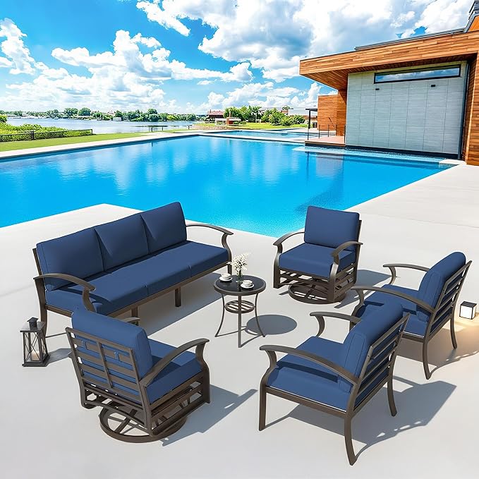 Aluminum Patio Furniture Set Patio Conversation Set,7 Seats Metal Modern Outdoor Furniture w/5.1" Cushions,Patio Sectional w/Swivel Chairs for Patio,Backyard,NavyBlue