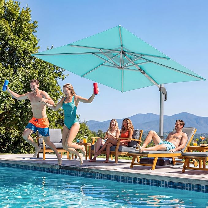 LAUSAINT HOME 11FT Square Cantilever Patio Umbrella, 360° Rotation Offset Umbrella with Aluminum Frame, Large Outdoor Sun Shade for Backyard, Pool, Deck, Lawn(Turquoise Blue)