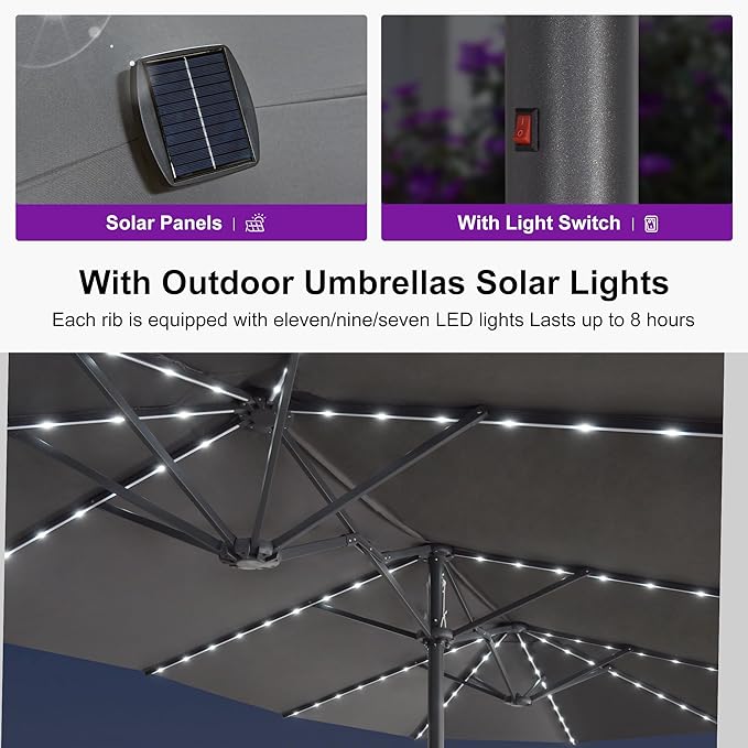 PURPLE LEAF 14ft Patio Umbrella with Solar Lights Outdoor Double-Sided Market Umbrella with Base Included Rectangle Table Umbrella for Pool Garden Backyard, Grey