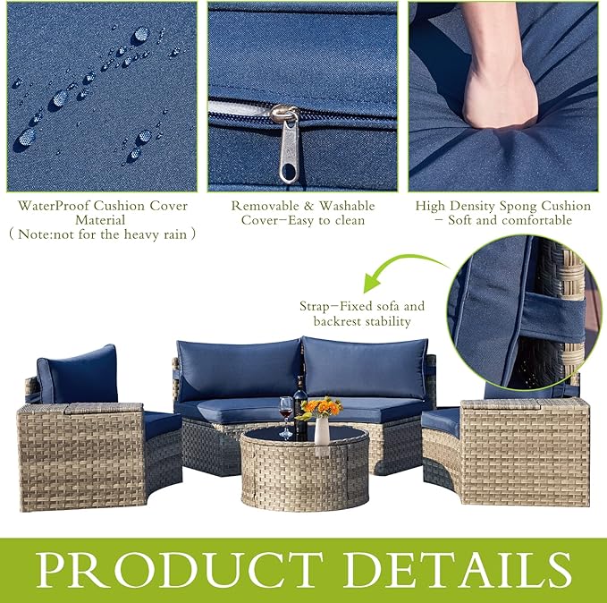 ECOTOUGE 7 Piece Outdoor Half Moon Furniture, Wicker Patio Sectional Conversation Set with 2 Storage Armrests and Circle Glass Table, Gray Rattan Curved Sofa for Garden, Balcony and Back Yard (Blue)