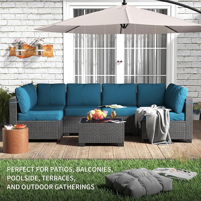 7 Piece Patio Furniture Set, Outdoor Modular Wicker Sectional Couch with Tempered Glass Coffee Table, All-Weather Rattan Conversation Set with Washable Cushions for Backyard, Garden, Deck