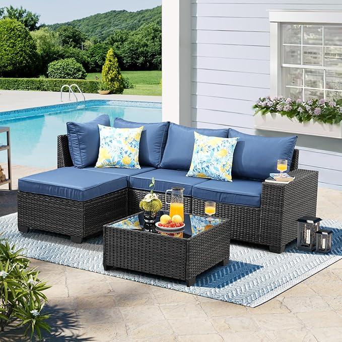 5 Pieces Patio Furniture Set,Wicker PE Rattan Outdoor Sectional with Cushion & Coffee Table, Patio Conversation Sofa for Garden, Backyard, Poolside, Navy