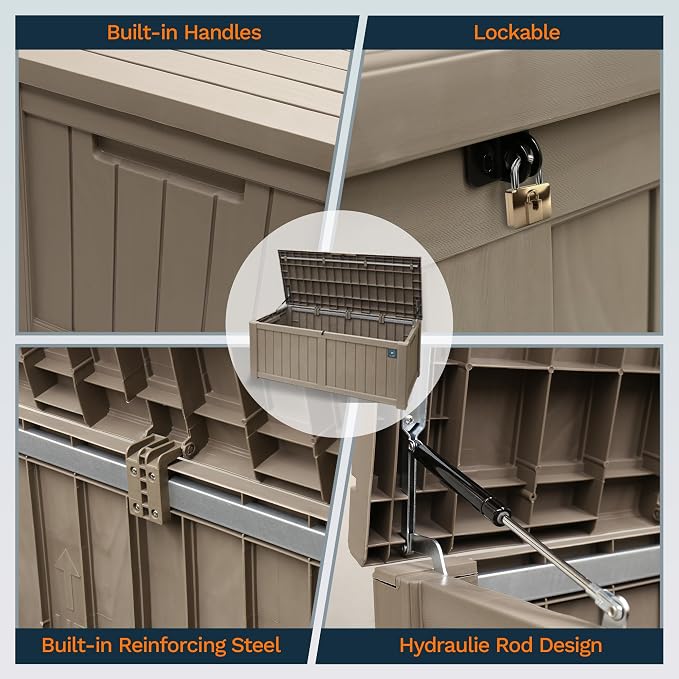 120 Gallon Large Outdoor Storage Box, Durable Deck Boxes Outdoor Waterproof, Resin Waterproof Deck Box for Patio Furniture Outdoor Cushions Garden Tools and Pool Storage (Light Brown, 120Gallon)
