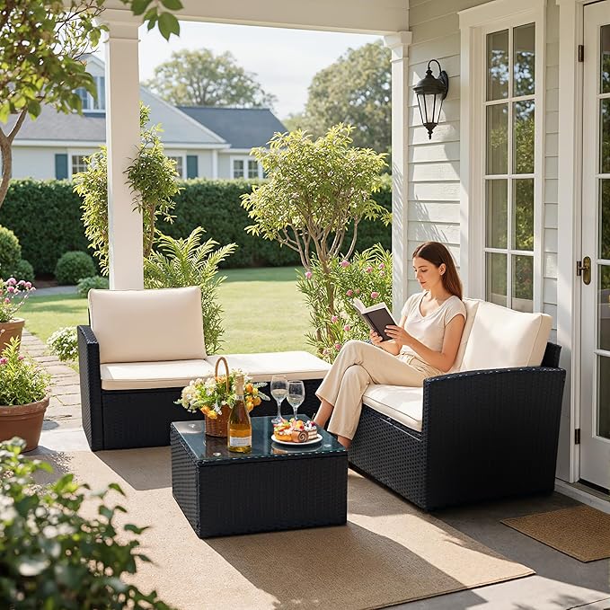 Flamaker Outdoor Patio Furniture Set Wicker Patio Sofa 3 Pieces Conversation Set Rattan sectional Sofa with Adjustable Seat for Balcony Porch Backyard