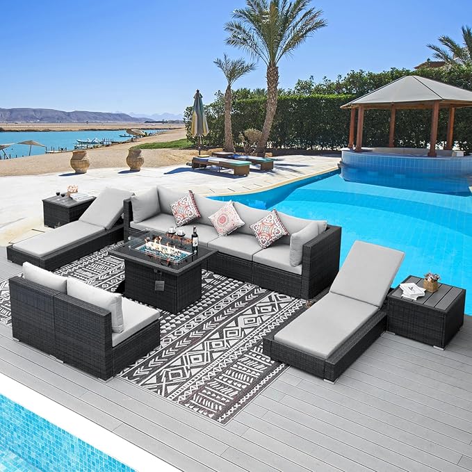 NICESOUL 11 Piece Outdoor Patio Sectional Set with Fire Pit Natural Gas/Propane, 29.3'' High Back Comfy Wicker Conversation Furniture Set w/Chaise Lounge, 8 Seat XL Big Deep Couch for Backyard,Grey