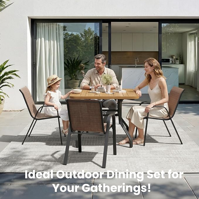 Soohow Outdoor Dining Set for 4, Outdoor Patio Dining Set 4 x Stackable Chairs & 1 x Wood-Like Outdoor Table with Umbrella Hole, All-Weather Patio Table and Chairs for Poolside, Backyard and Porch