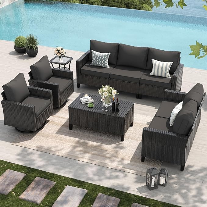 Amopatio Patio Furniture Set, 6-Piece Wicker Outdoor Sectional Sofa with Swivel Rocker Chairs, Rattan Conversation Set with Storage Coffee Table and Waterproof Cover for Backyard Black/Dark Grey