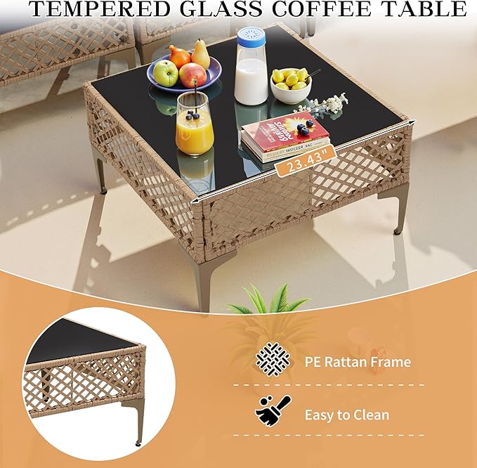 FHFO 7 Piece Patio Furniture Set, Outdoor Wicker Modular Sectional Patio Conversation Set with Thicker Cushion & Tempered Glass Coffee Table for Backyard, Poolside, Porch (Yellow/Blue)