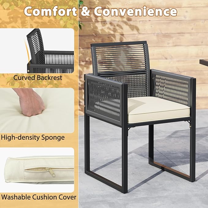 Tangkula 3 Pieces Patio Dining Set, Outdoor Space-Saving PE Wicker Bistro Set with Cushions, Patio Tempered Glass Top Table and Chairs Set for Porch, Garden and Backyard