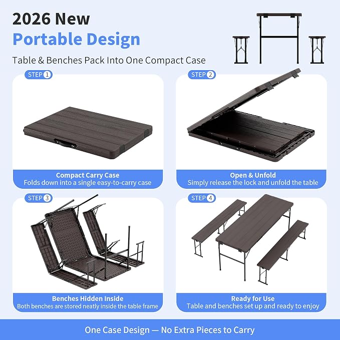 Polar Aurora Picnic Table Set with 2 Benches, 6 Feet Folding Camping Table Chair Set, Portable 3-Piece Outdoor Furniture with Wood Grain Top for Party, Picnic, Camping, Wedding (Brown)