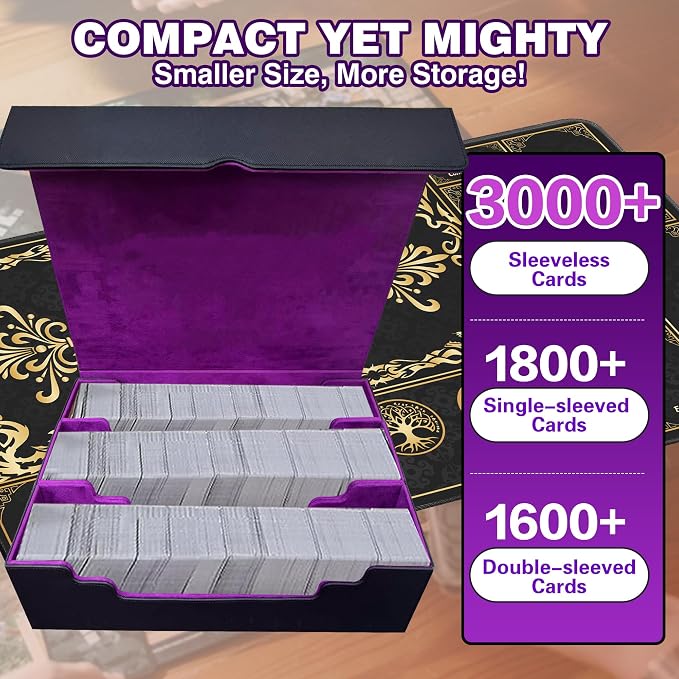 PROMAXIBINDER MTG Commander Deck Case with Playmat, B-Row Trading Card Storage Box Fits 3000+ Cards, 6 Movable Partitions 24 Dividers PU Leather Magnetic Closure, Magic/TCG/YuGiOh/Sport (Black&Purple)