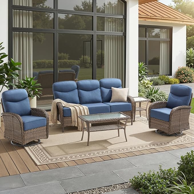 Luxury 6-Inch Cushion Patio Furniture Set, High Back Outdoor Swivel Rocker Patio Chairs with Outdoor Couch, Outdoor Wicker Conversation for Deck Porch Garden Balcony Poolside Blue Cushion