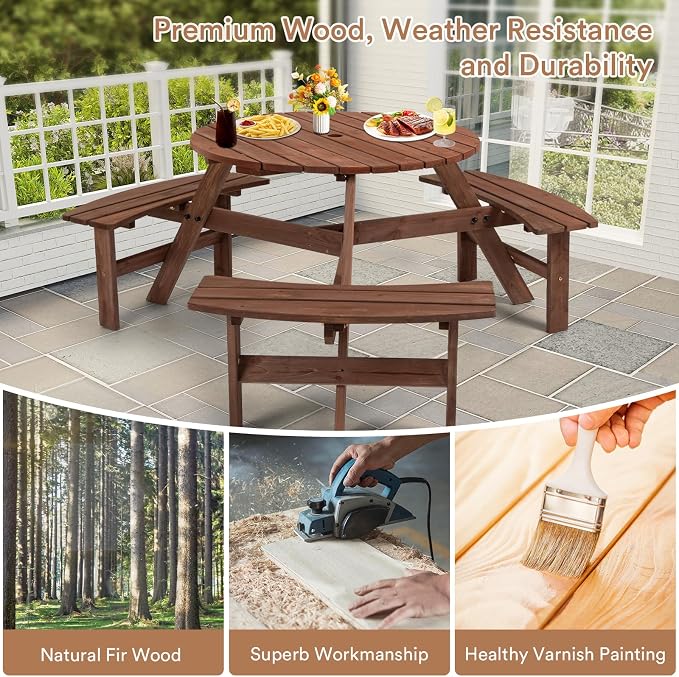 Zevemomo 6 Person Wood Picnic Table, Round Tabletop with Umbrella Hole, 3 Built-in Curved Benches, 1720LBS Total Capacity for Patios, Backyard, Brown