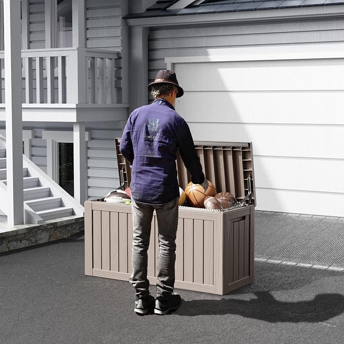 80 Gallon Waterproof Resin Deck Box, UV Resistant Outdoor Storage for Garden, Patio, Porch, Delivery, Beige