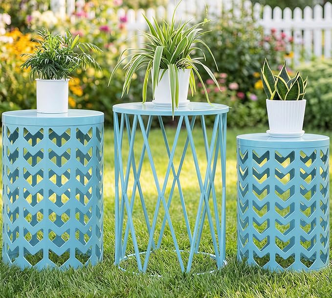 Y&M Set of 3 Round Heavy-Duty Side Table End Table, Coffee Table for Indoor Multifunctional Use, Outdoor Decorative Garden Stool Plant Stand-Light Blue